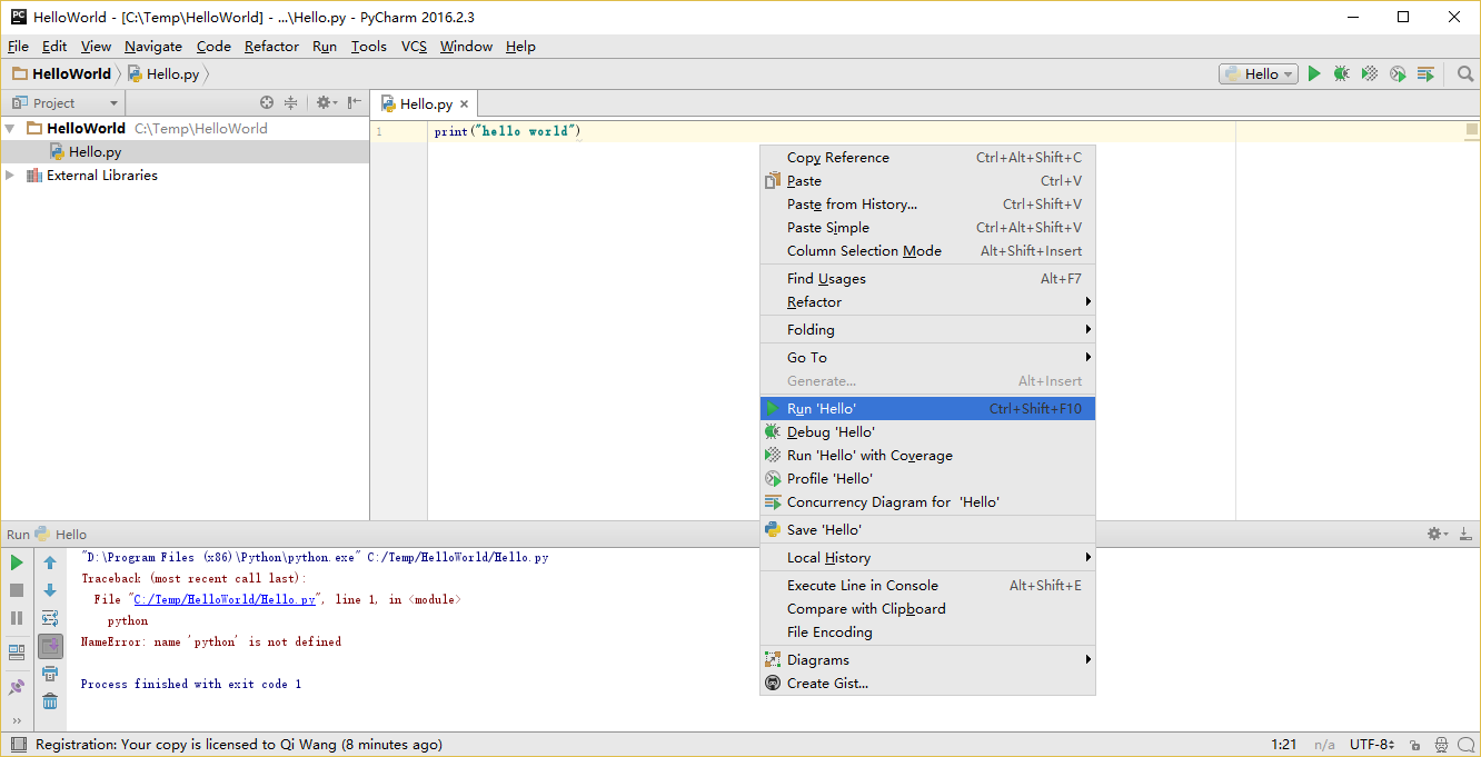 PyCharm Run 'hello'